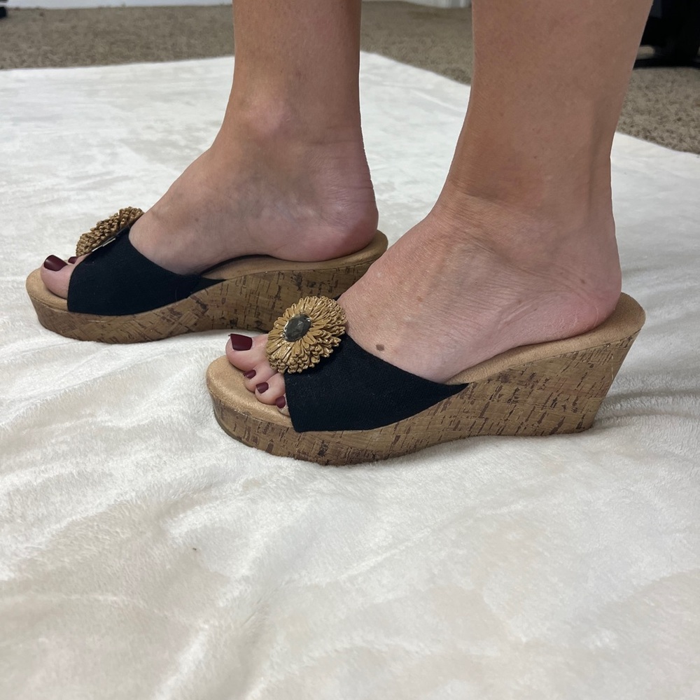 Black Wedge Sandals with Floral Accent - Picture 2 of 5